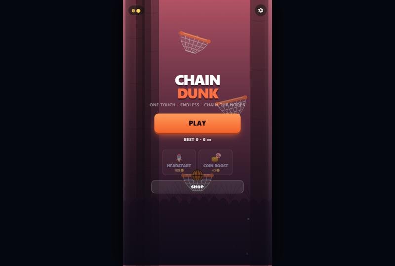 Chain Dunk's title screen: a basketball hoop above the Chain Dunk wordmark, a Play button, and headstart and coin-boost buttons below.
