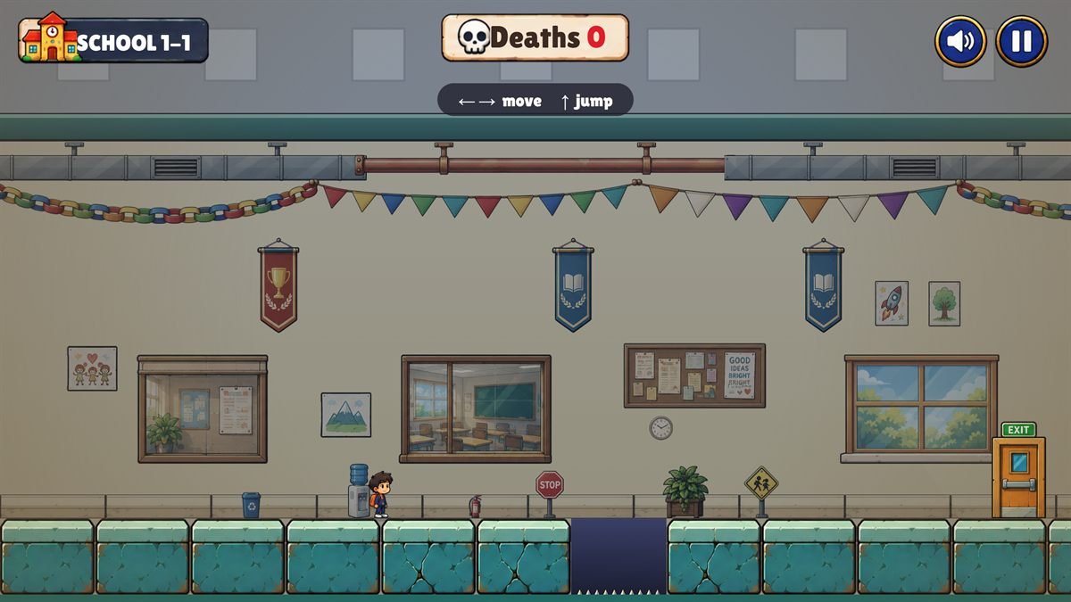 Life Is Unfair, School 1-1: a school corridor with lockers, a noticeboard and signs, the boy standing on the left, and a spike pit opening in the floor.